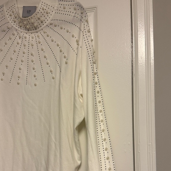 LIV Milano Pearl & Rhinestone Starburst Sweater - Ivory Mock Neck #QuietLuxury - Picture 5 of 8